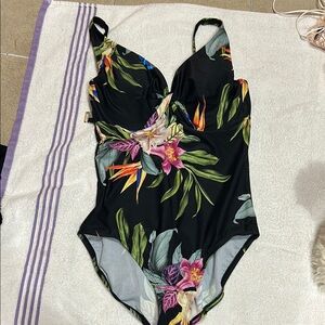 Kona Sol Women's Floral One Piece Swimsuit - Black and Multicolor